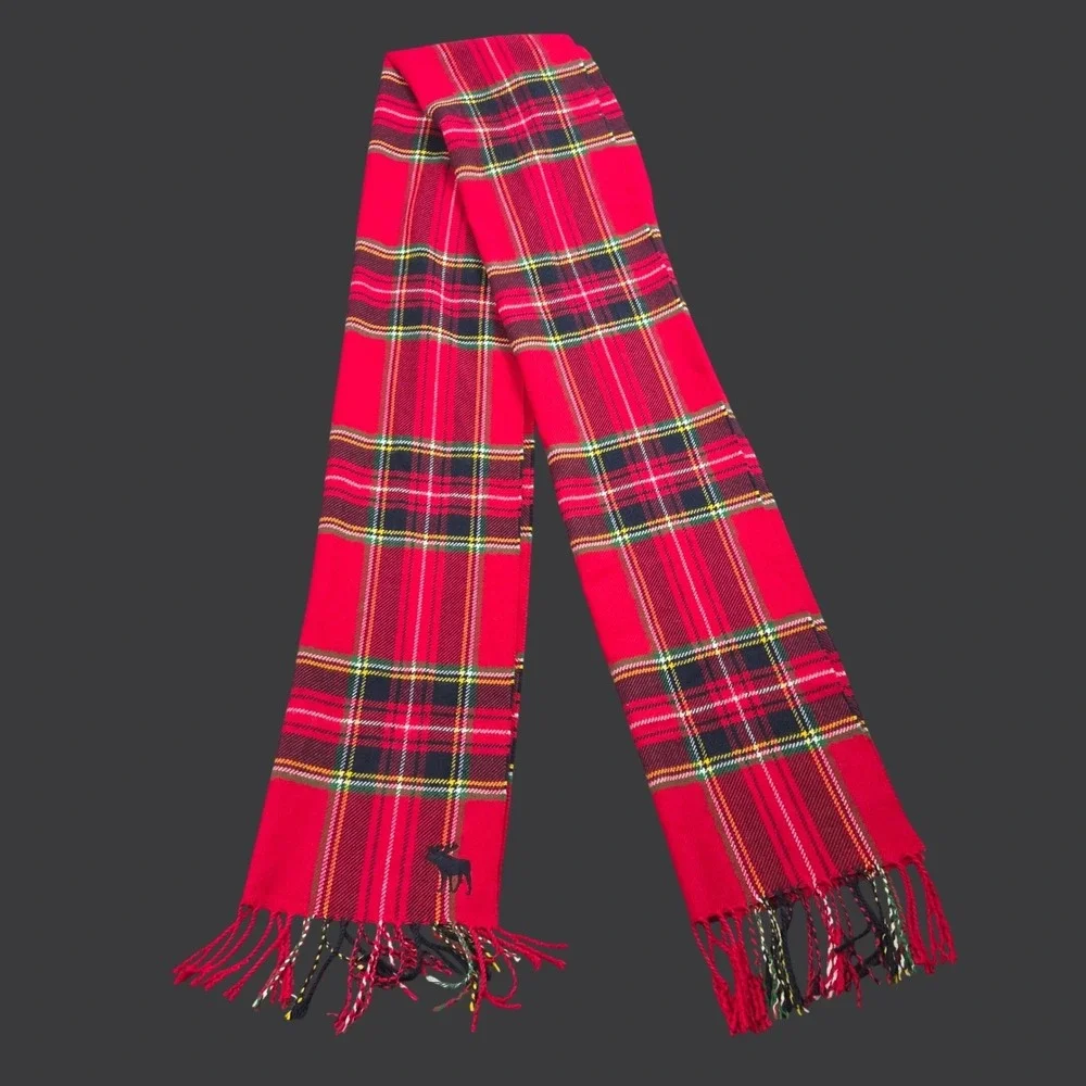 Vintage Abercrombie Fitch Scarf Red Tartan Plaid Moose Logo Classic Y2K Festive